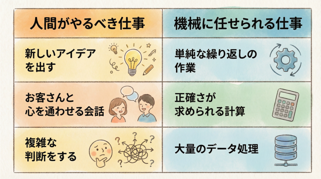 人間がやるべき仕事と機械に任せられる仕事の分類表。2列×4行の表形式。左列は人間の仕事で、新しいアイデアを出す、お客さんと心を通わせる会話、複雑な判断をする。右列は機械の仕事で、単純な繰り返しの作業、正確さが求められる計算、大量のデータ処理。
