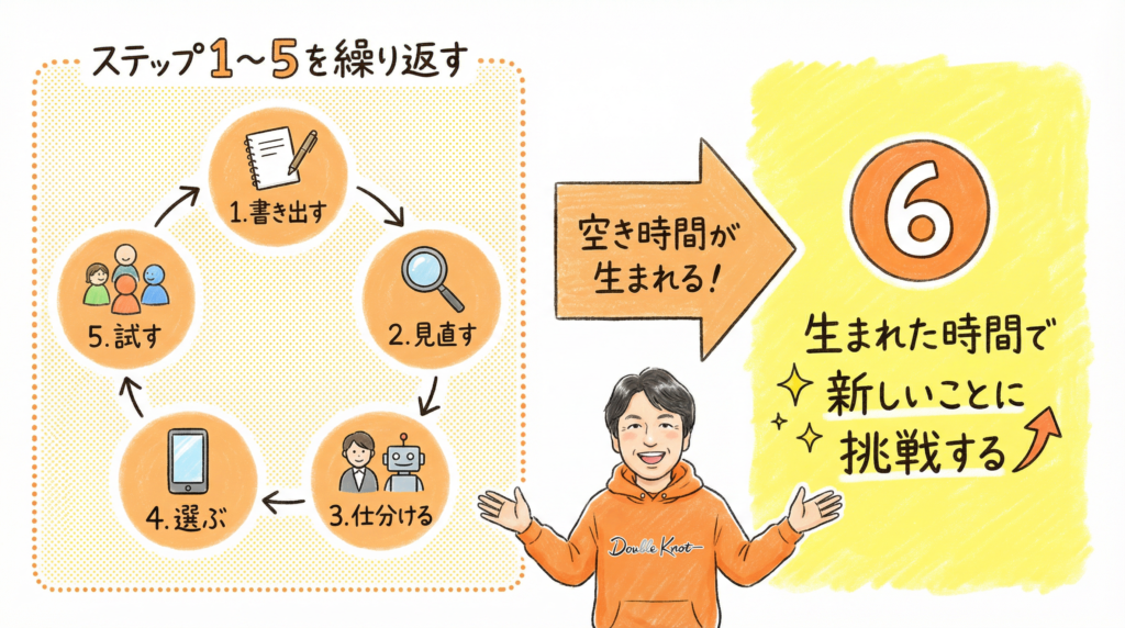 DXの6ステップフロー図。ステップ1から5を繰り返すことで空き時間が生まれ、ステップ6で新しいことに挑戦できる。高林がオレンジパーカーで説明している。
