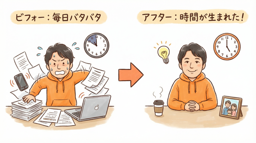 DXによる時間捻出のビフォーアフター図。左側は毎日バタバタ忙しく働く様子、右側は時間が生まれてリラックスし新しいアイデアに取り組む様子。高林がオレンジパーカーで登場。
