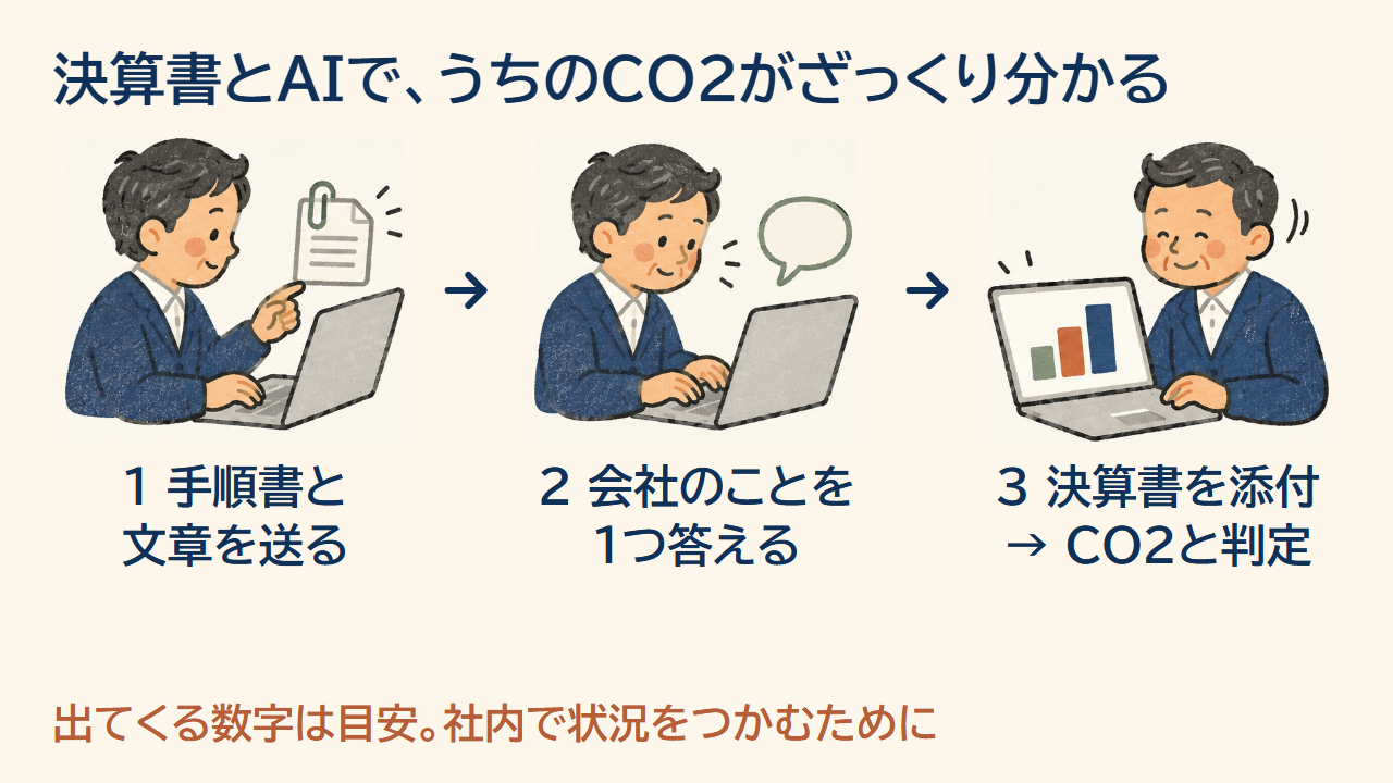 手順書と決算書を生成AIに渡して、CO2の目安を出す3つの手順