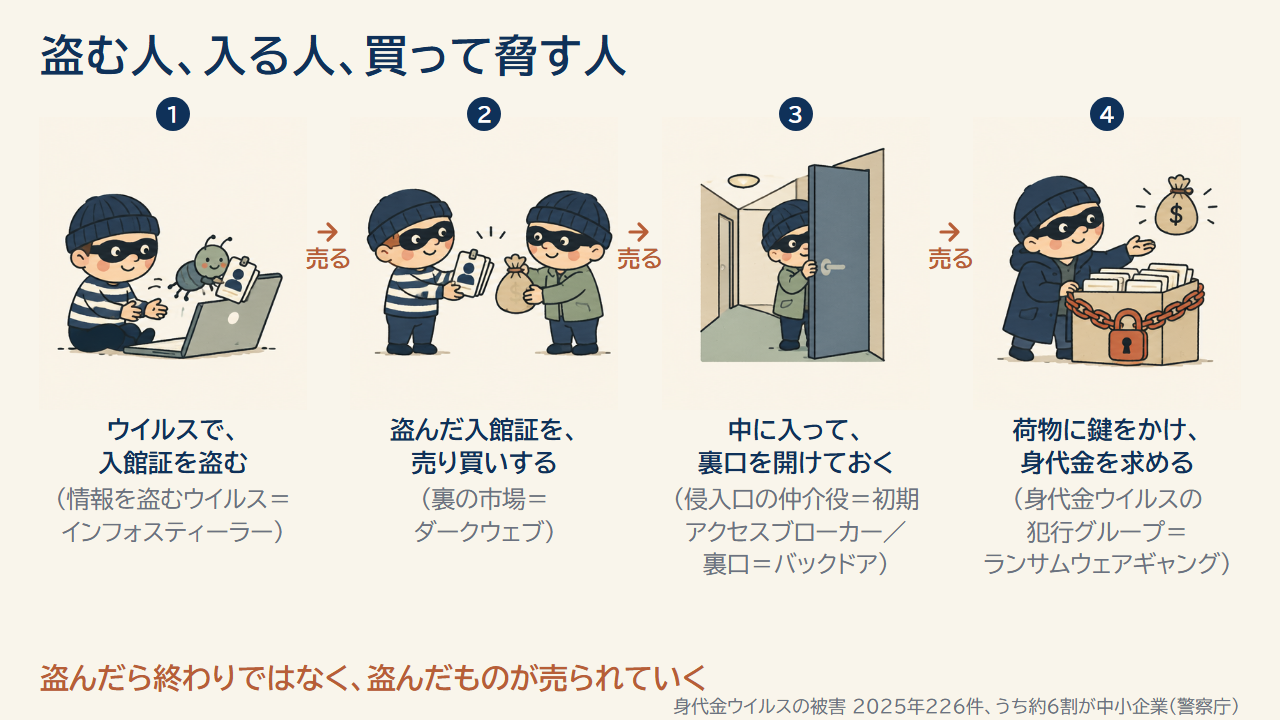 ウイルスで入館証を盗む、売り買いする、中に入って裏口を開けておく、荷物に鍵をかけて身代金を求める、の4人の泥棒の分業