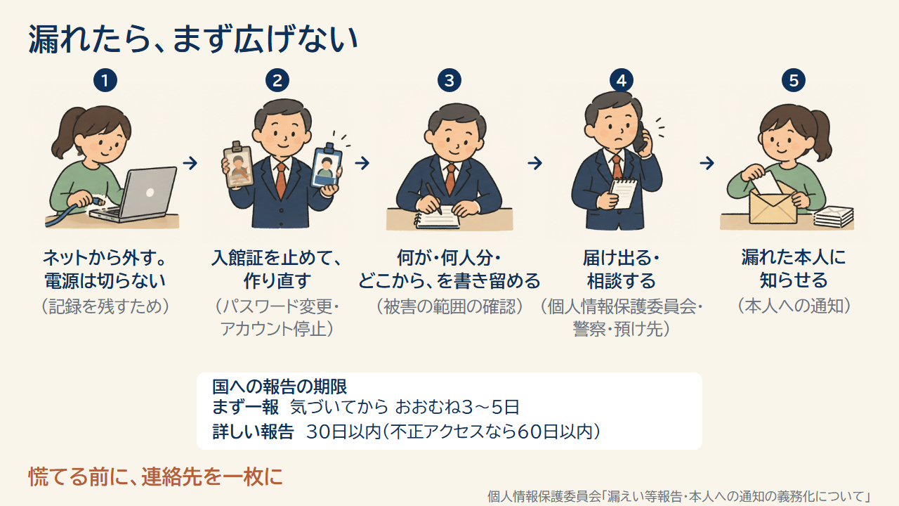 漏れたときの5つの手順（ネットから外す、入館証を作り直す、書き留める、届け出る、本人に知らせる）と国への報告の期限